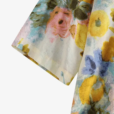 Women's Linen Bohemian Floral Printed  3/4 Sleeve O-Neck Top