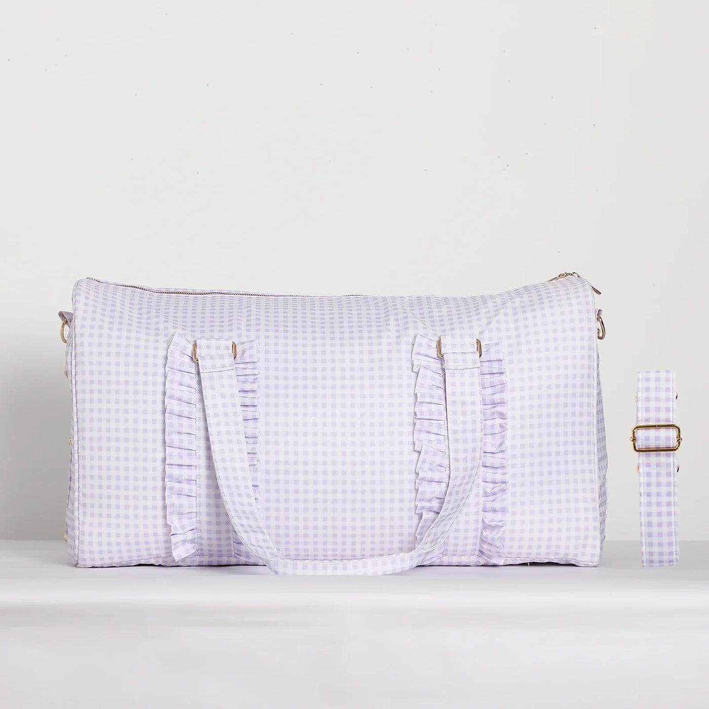 Nylon Duffel Bag Women Ruffle Duffle Gingham Weekend Sports Overnight Travel Vacation Gift Stripe Detachable Adjustable Strap