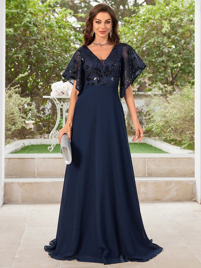 UNITHORSE V-neck Beaded Embroidered Paneling Chiffon Maid of Honor Dance Dress Elegant Bridal Party Gown