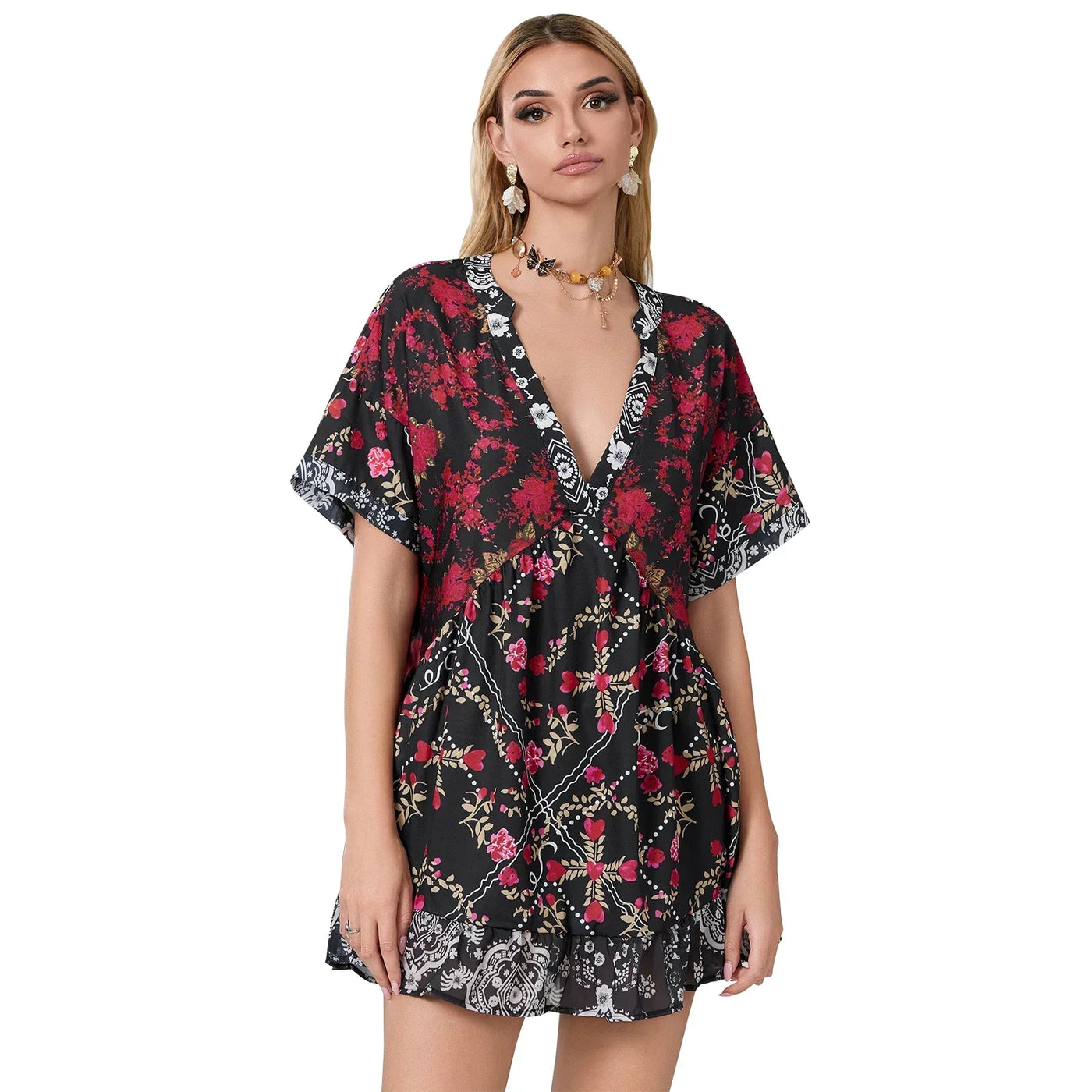 Women Summer Babydoll Dress Bohemian Holiday Vintage Floral Print Short Sleeve Deep V-Neck Flowy Dress with Pockets
