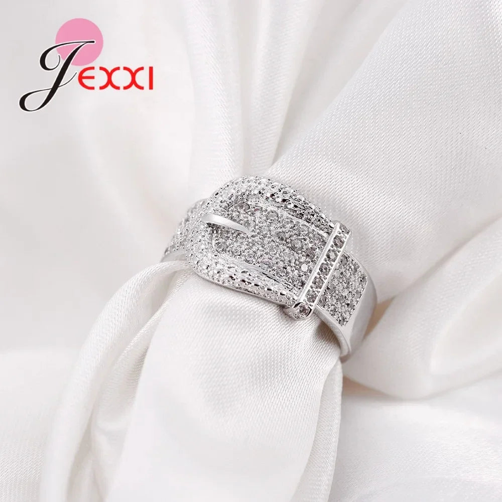 925 Sterling Silver Jewelry Fashion Shiny Belt Ring Women Delicate Full Austrian White Crystal Inlay Paved Bijoux