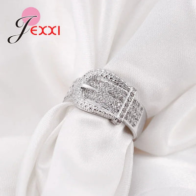 925 Sterling Silver Jewelry Fashion Shiny Belt Ring Women Delicate Full Austrian White Crystal Inlay Paved Bijoux