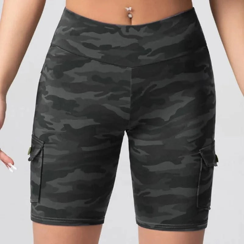 Camouflage Printed Women Shorts with 4 Pockets High Waist Butt Lifting Workout Tights Elastic Breathable Outdoor Running Shorts