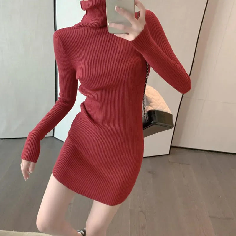 Xpqbb Turtleneck Sweater Dress for Woman Autumn Winter New Solid Slim Knitted Mini Dress Women Sexy Skinny Short Bodycon Dresses