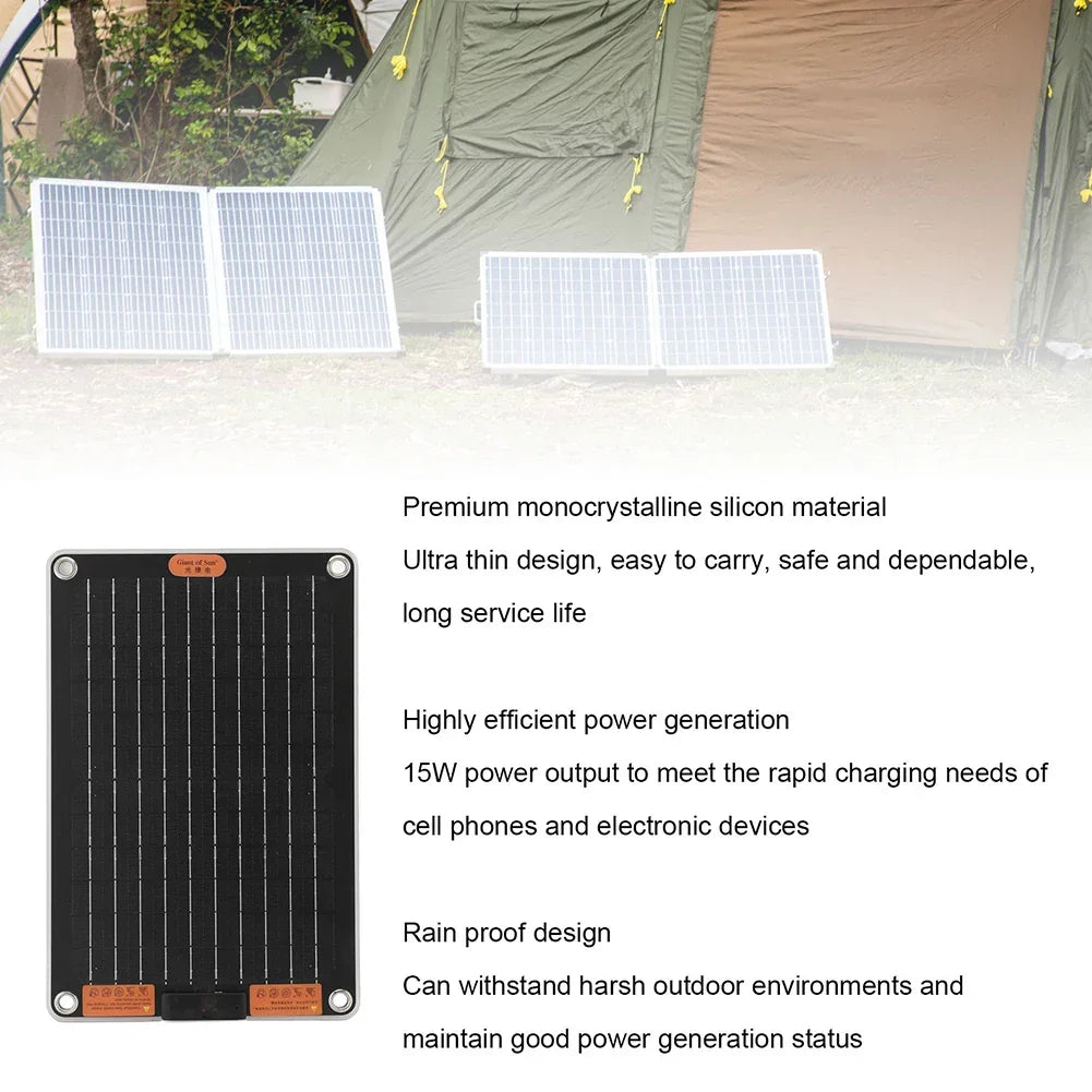 15W Portable Solar Panel with 2 USB Ports Camping Solar Panel Charger Solar Charger for Outdoor Camping Hiking Phone Charger