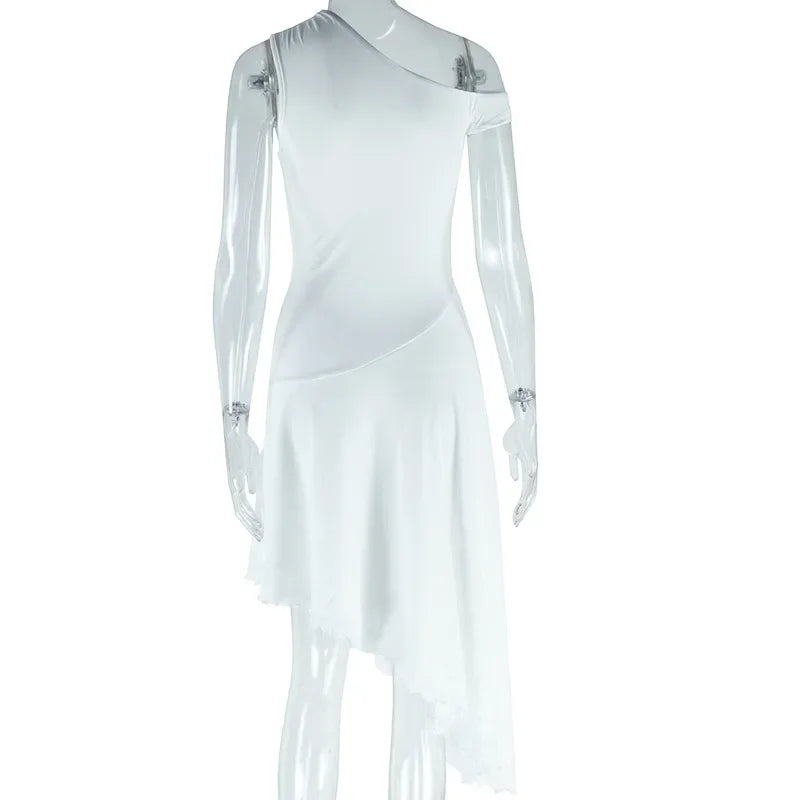 Women Sexy Dresses Summer 2025 Solid Color Sexy Slant Collar Midi Irregular Evening Dress Luxury Elegant Splicing Dress Vestidos