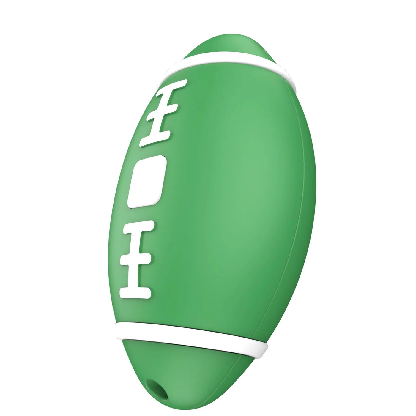 Green rubber football dog toy with white laces and Smart iTag tracker