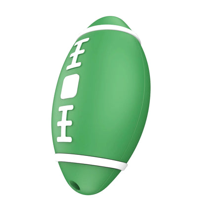 Green rubber football dog toy with white laces and Smart iTag tracker