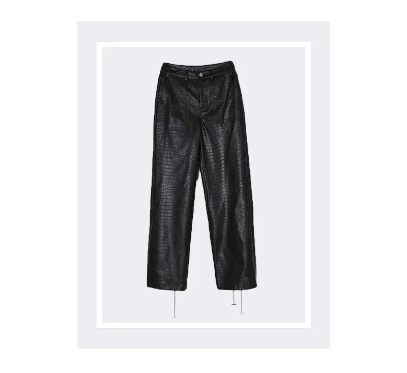Lautaro Autumn Long Black Crocodile Texture Leather Pants Women Zipper High Waist Y2k Clothes Streetwear Women Trousers 2022
