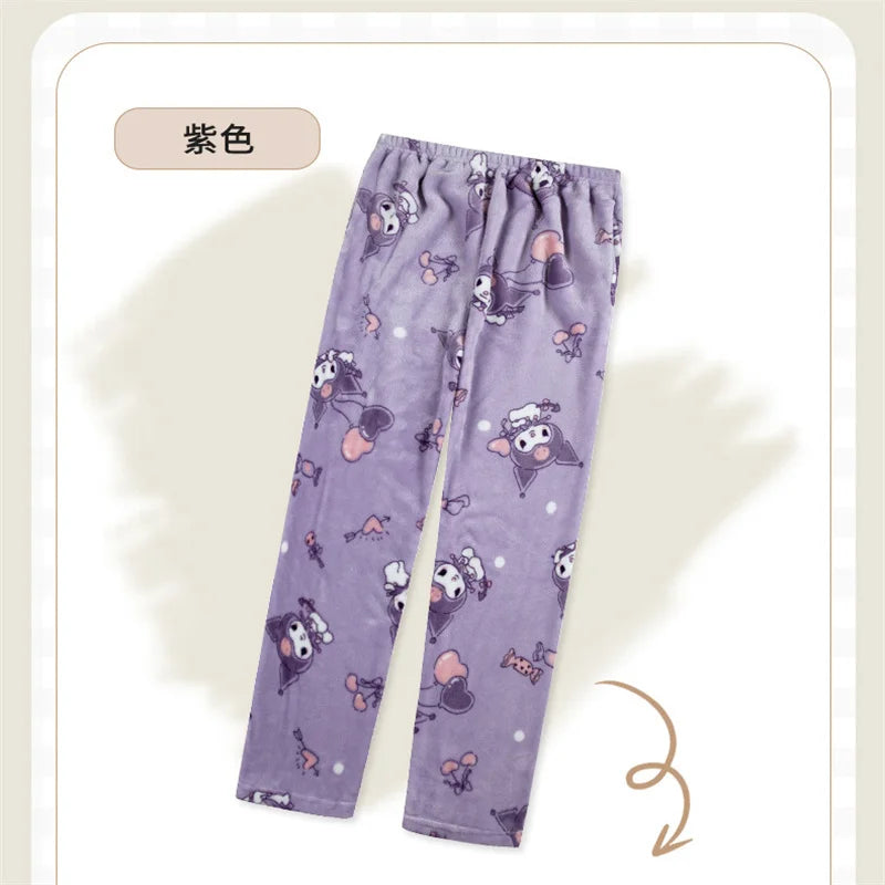 My Melody Flannel Pajamas Pants, Kuromi Loungewear, Loose, Comfortable, Warm, Thick Fleece Pant, Hello Kitty