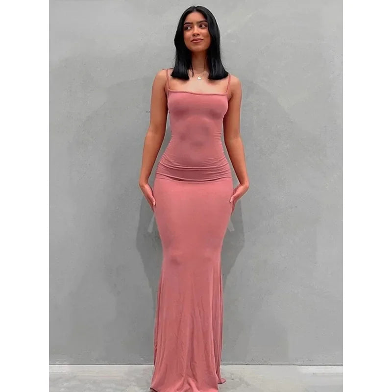 Women Backless Sexy Maxi Dress 2025 Spring Satin Slip Sleeveless Slim Party Concise Платье Female Bodycon Dress Elegant Clothing