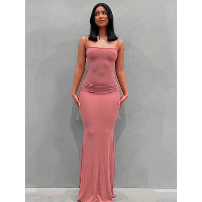 Women Backless Sexy Maxi Dress 2025 Spring Satin Slip Sleeveless Slim Party Concise Платье Female Bodycon Dress Elegant Clothing