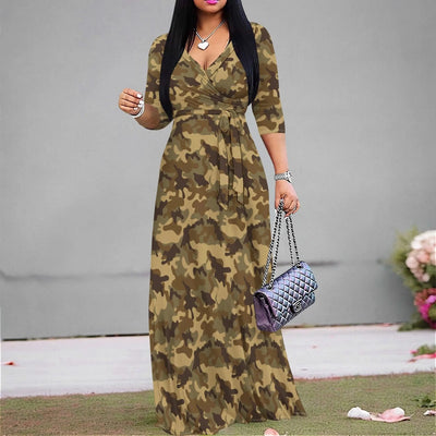 Women's Military Style Camo Dress S-3XL Army-Inspired Maxi Wrap Dress for Festival & Hiking Looks
