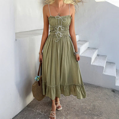 2025 Spring and Summer A-line Skirt Casual Holiday Style Lace Stitching High Waist Suspender Dress Women