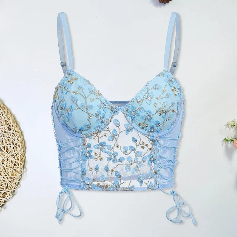 Women Blue Camisole Vest Embroidery Flower Slim Fit Corset
