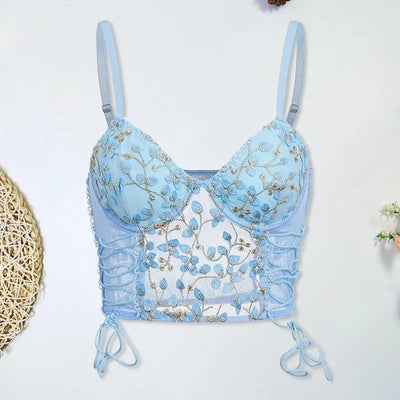 Women Blue Camisole Vest Embroidery Flower Slim Fit Corset