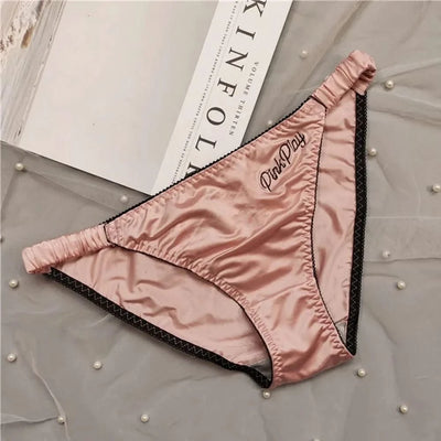 Sexy Girl Thongs Women Glossy Underwear Panty Low Waist Solid Color Satin Fabric Briefs Embroidery Fitness Sports Underpants