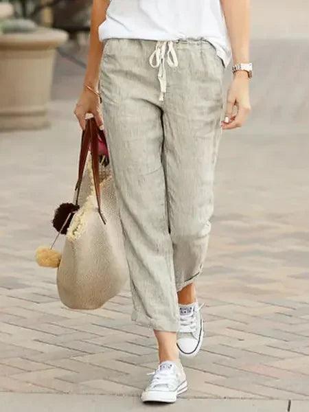 Cotton linen trousers for women solid color elastic waist casual pants drawstring loose autumn new female