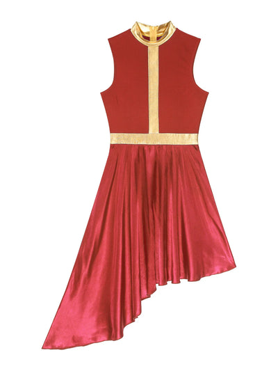 Women Lyrical Dance Dress Color Block Patchwork Invisible Zipper Back Flowy Asymmetrical Hem Sleeveless Dresses Dancewear