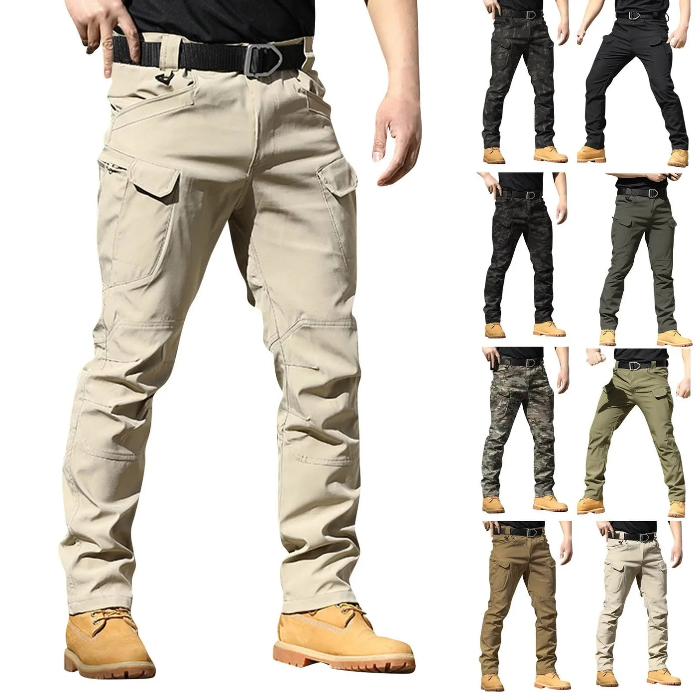 Men Solid Color Casual Cargo Multi Pocket Long Pants Outdoor Hiking Camping Climbing Stretch Waterproof Trousers