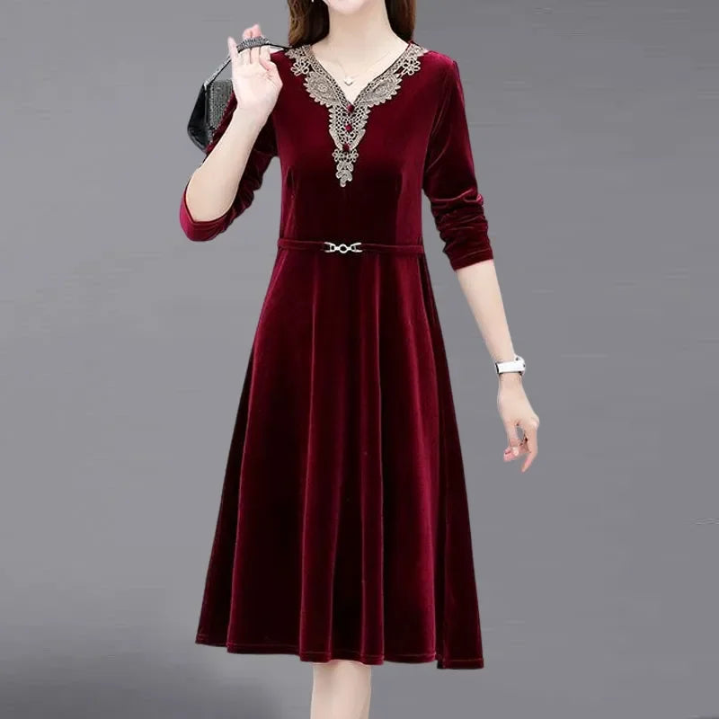 Elegant Purple Velvet Dress With Embroidered Lace V Neck And Belted Waist For Women Autumn Winter Casual Wear