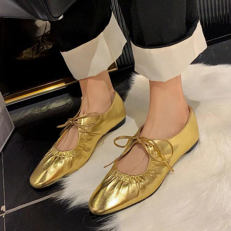 Women ballet leather narrow band flat shoes bling silver gold footwear