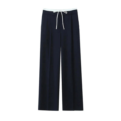 Women's Double Waistband Wide Leg Pants, High Elastic Waist With Drawstring, Side Pockets, Female Trousers, Chic Fashion