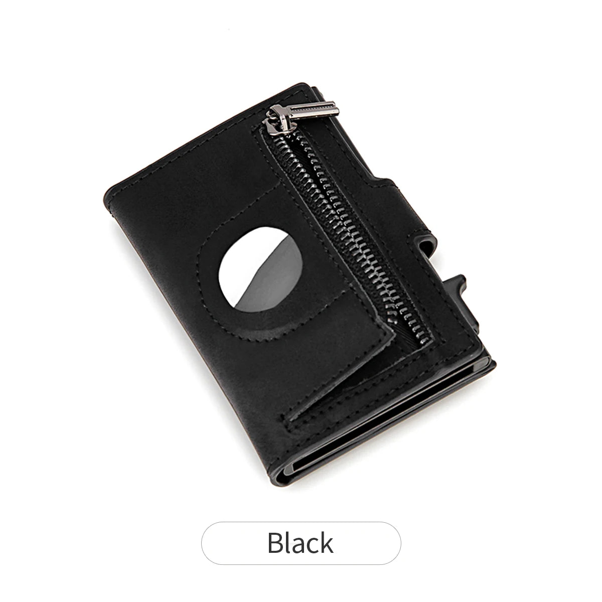 Black RFID leather wallet with zipper, AirTag cutout, and credit card holder