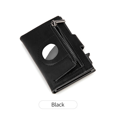 Black RFID leather wallet with zipper, AirTag cutout, and credit card holder