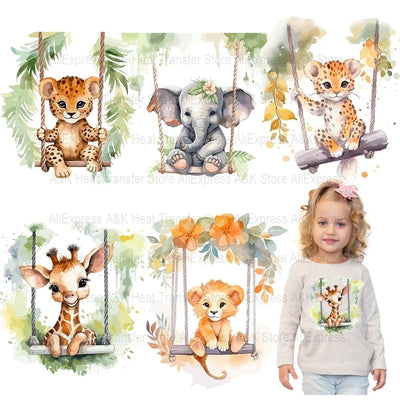 Baby Animal On Swings Heat Transfers For Kids Clothing Elephant Tigers Lion Stickers On Clothes Diy Thermal Patches Decals