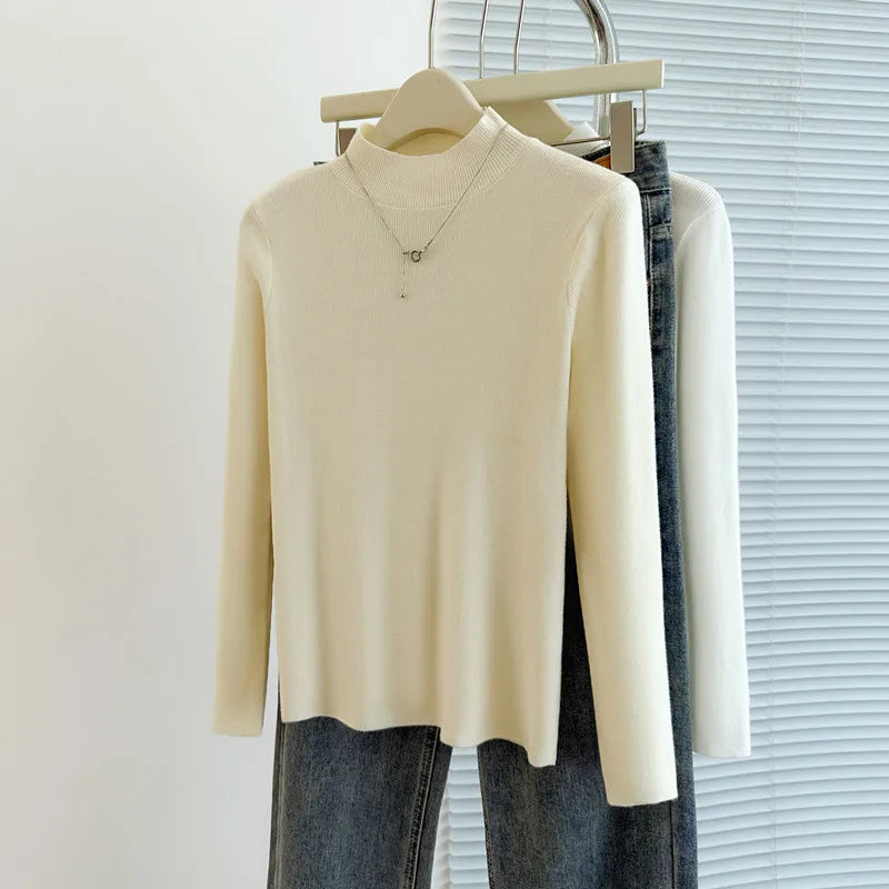 Sweaters Autumn Women Mock Neck Ruffles Sweater Long Sleeve Knitted Bottoming Solid Pullovers Jumpers Casual Sweater Winter