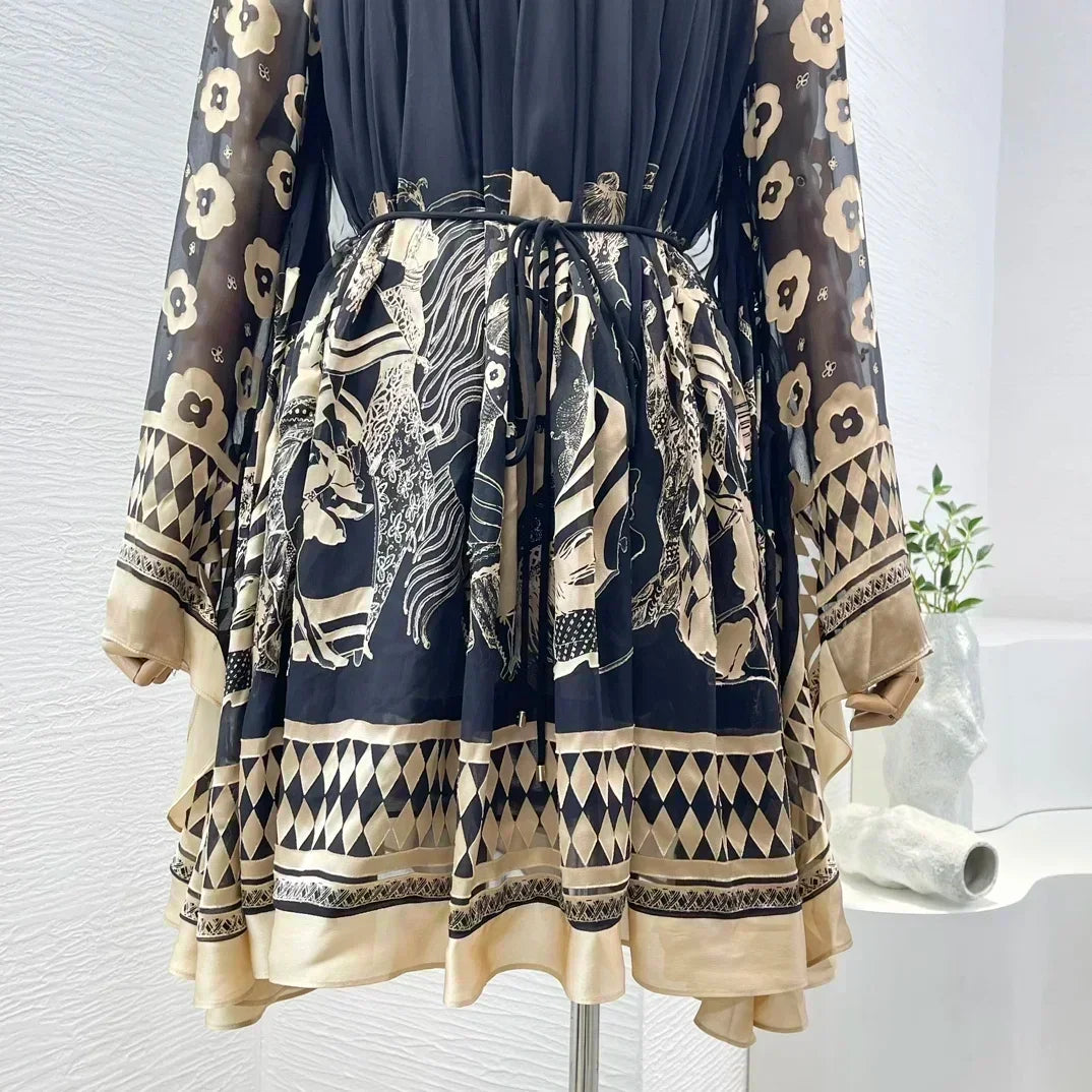 Print Long Sleeve Stand Collar Women Mini Dress Cotton Silk 2025 Autumn High Quality New Holiday Collection Black