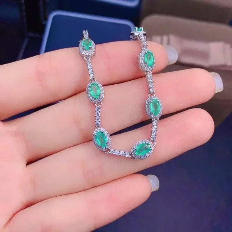 Fine Jewelry 925 Sterling Silver Inset with Gemstones Women's Luxury Vintage Fresh Emerald Hand Bracelet