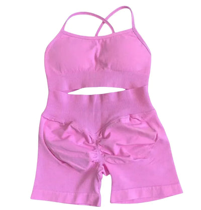 2025 Yoga High Quality Set Solid Color Women's Sports Hip Lift Shorts Cross Bra Shockproof Backrest Sling 2-piece Set Summer
