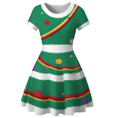 Merry Christmas Women Dress Graphics Stripe Christmas Elf Printed Dress Disguise Adult Xmas Cosplay Costume Holiday Party Wear