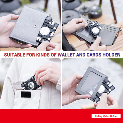 Gray slim AirTag wallet holder with card slots, zipper, USB-C cable, and adapter