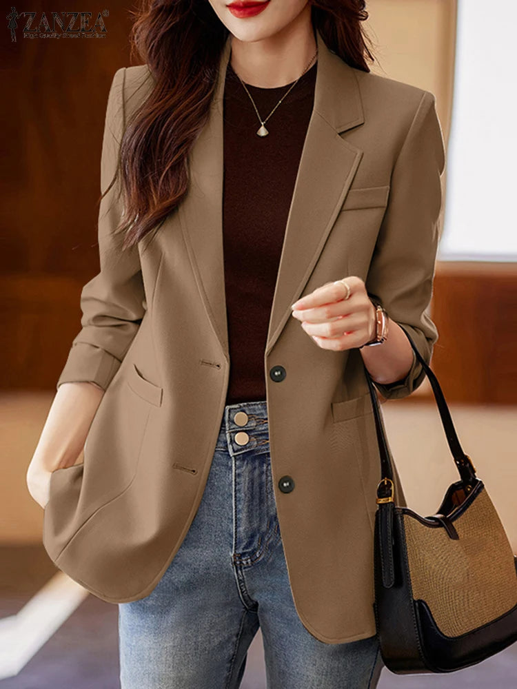 2025 Women Autumn OL Work Blazer ZANZEA Fashion Lapel Neck Long Sleeve Solid Blazer Thin Outwears Suits Casual Buttons Jackets