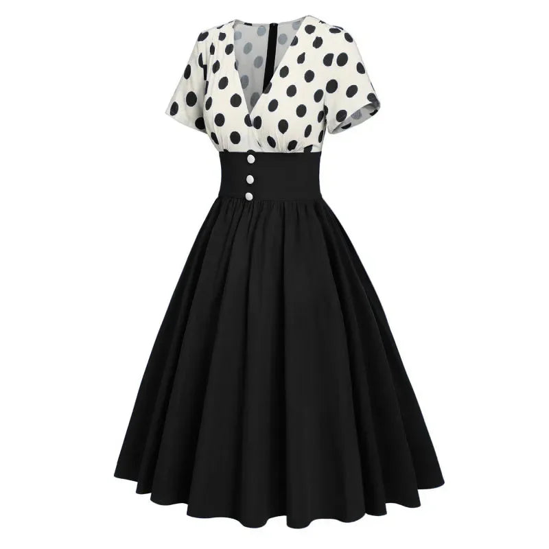 Polka Dot Women Summer Dresses Hepburn Style V-Neck Short Sleeve Vintage Print Patchwork Party Dress Casual A-Line