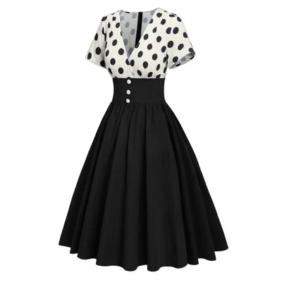 Polka Dot Women Summer Dresses Hepburn Style V-Neck Short Sleeve Vintage Print Patchwork Party Dress Casual A-Line