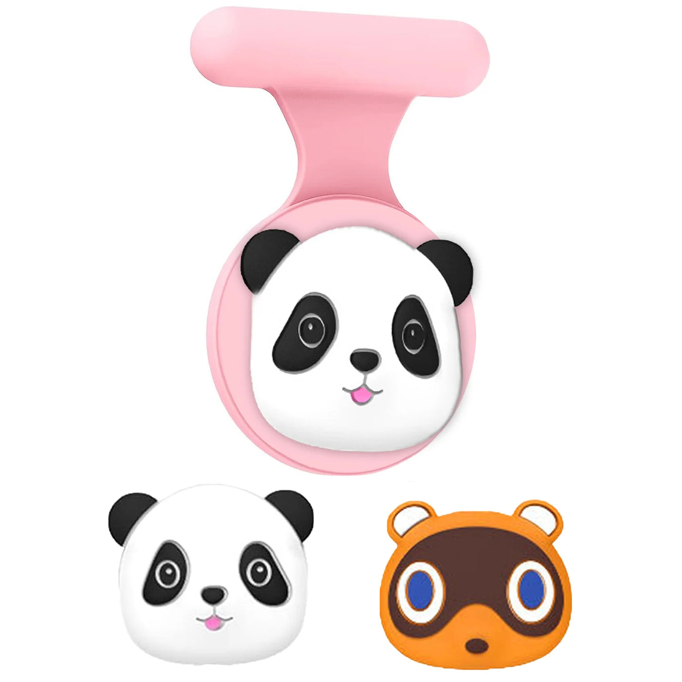 Panda-shaped AirTag holder pacifier clip with pink strap for girls