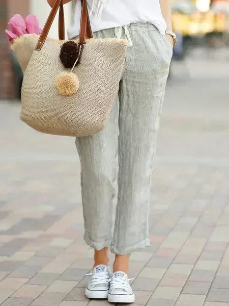 Cotton linen trousers for women solid color elastic waist casual pants drawstring loose autumn new female