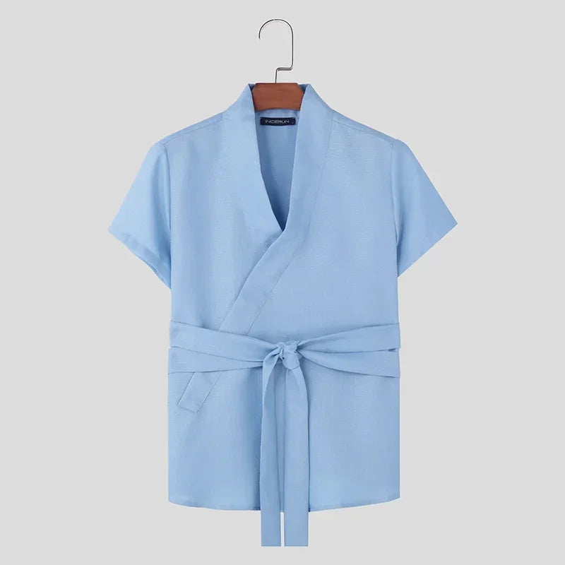 INCERUN Tops 2024 American Style New Men Diagonal Placket Texture Belt T-shirts Summer Casual Solid Short Sleeved Camiseta S-5XL