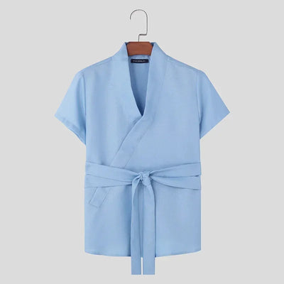 INCERUN Tops 2024 American Style New Men Diagonal Placket Texture Belt T-shirts Summer Casual Solid Short Sleeved Camiseta S-5XL