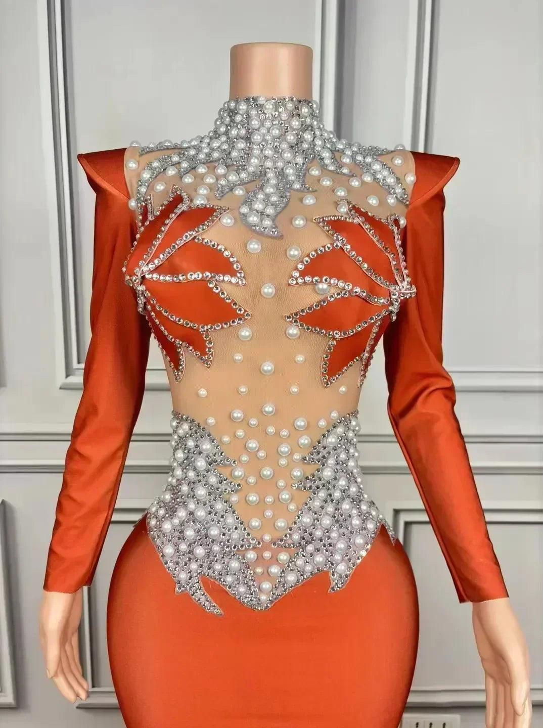 Women luxury evening party elegant gowns sing stage performance costume white pearls see through mesh maxi long dresses