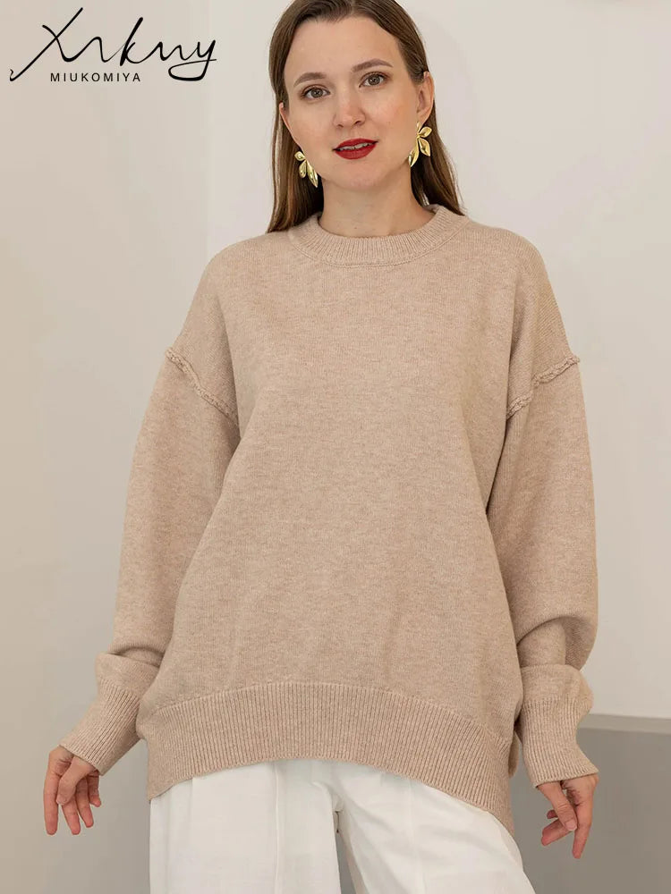 Oversized Fall Yellow Sweaters For Women 2025 Brown Crewneck Sweater Top Ladies Office Warm Knitted Woman Pullovers Winter Grey