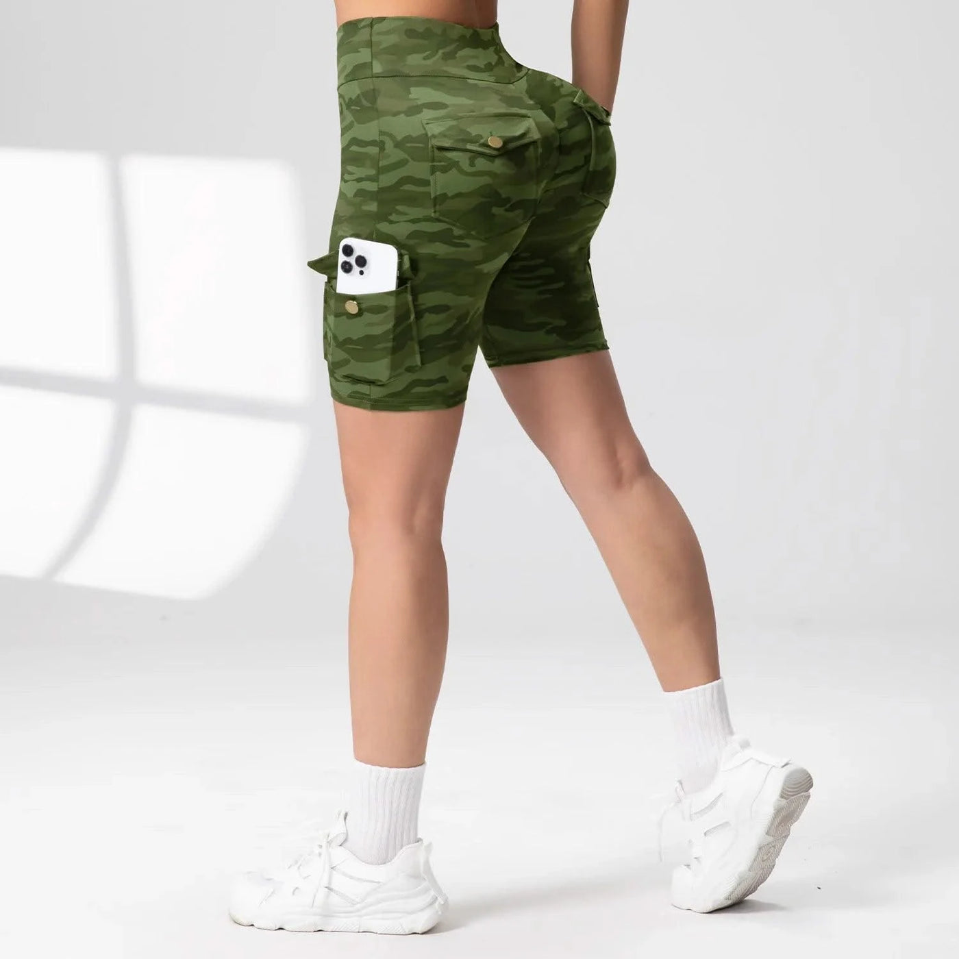 Camouflage Printed Women Shorts with 4 Pockets High Waist Butt Lifting Workout Tights Elastic Breathable Outdoor Running Shorts