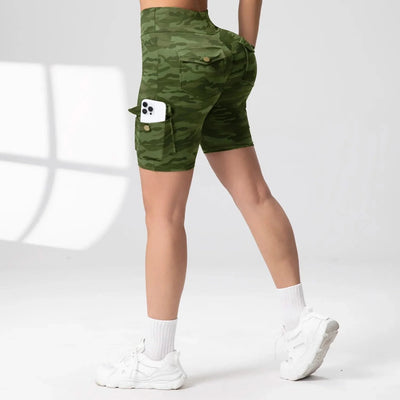 Camouflage Printed Women Shorts with 4 Pockets High Waist Butt Lifting Workout Tights Elastic Breathable Outdoor Running Shorts