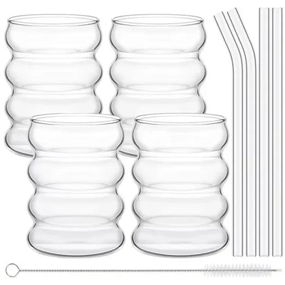 4pcs Creative Glass Cups Coffee Mug Clear Drinking Glasses Ribbed Glassware Cups With Straws Set Cocktail Fruit Glass Drinkware