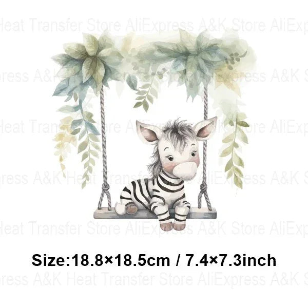 Baby Animal On Swings Heat Transfers For Kids Clothing Elephant Tigers Lion Stickers On Clothes Diy Thermal Patches Decals