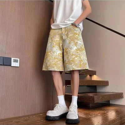 Yellow Tie-Dye All-Over Jacquard Denim Shorts for Men - Summer Thin Style, American Retro Loose Straight Camo Five-Point Pants
